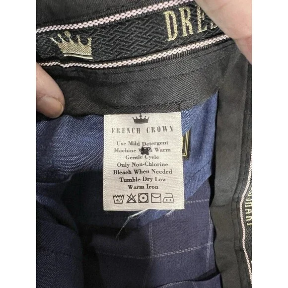 French Crown Men's 42 Blue Windowpane Pattern Wool Rich Double Breasted Suit NEW